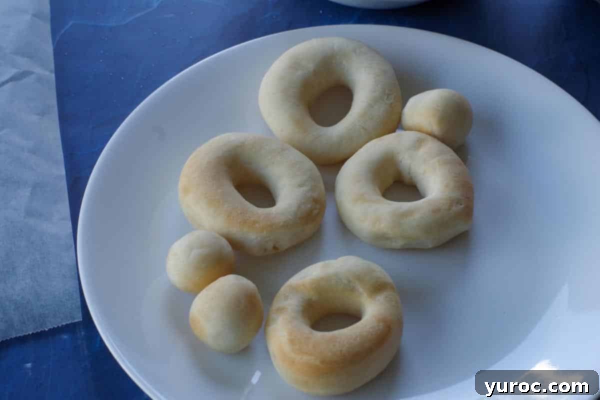 Cooked (air-fried) golden brown doughnuts and holes on a white plate.