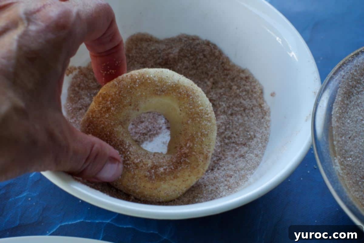 A mini doughnut being rolled in a cinnamon sugar mixture in a shallow bowl.