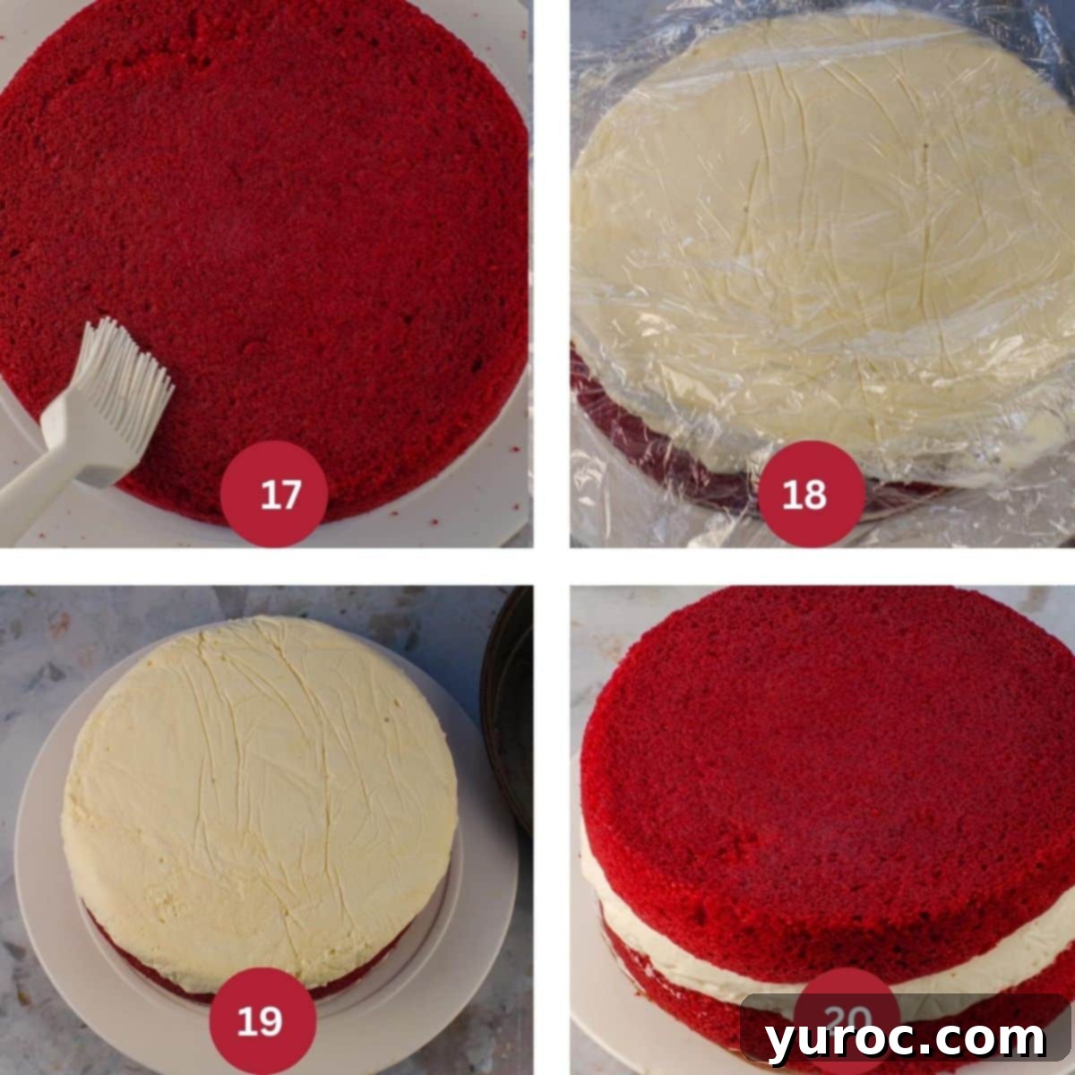 Decadent Red Velvet Ice Cream Cake 11 Collage of 4 photos demonstrating the assembly process of a red velvet ice cream cake