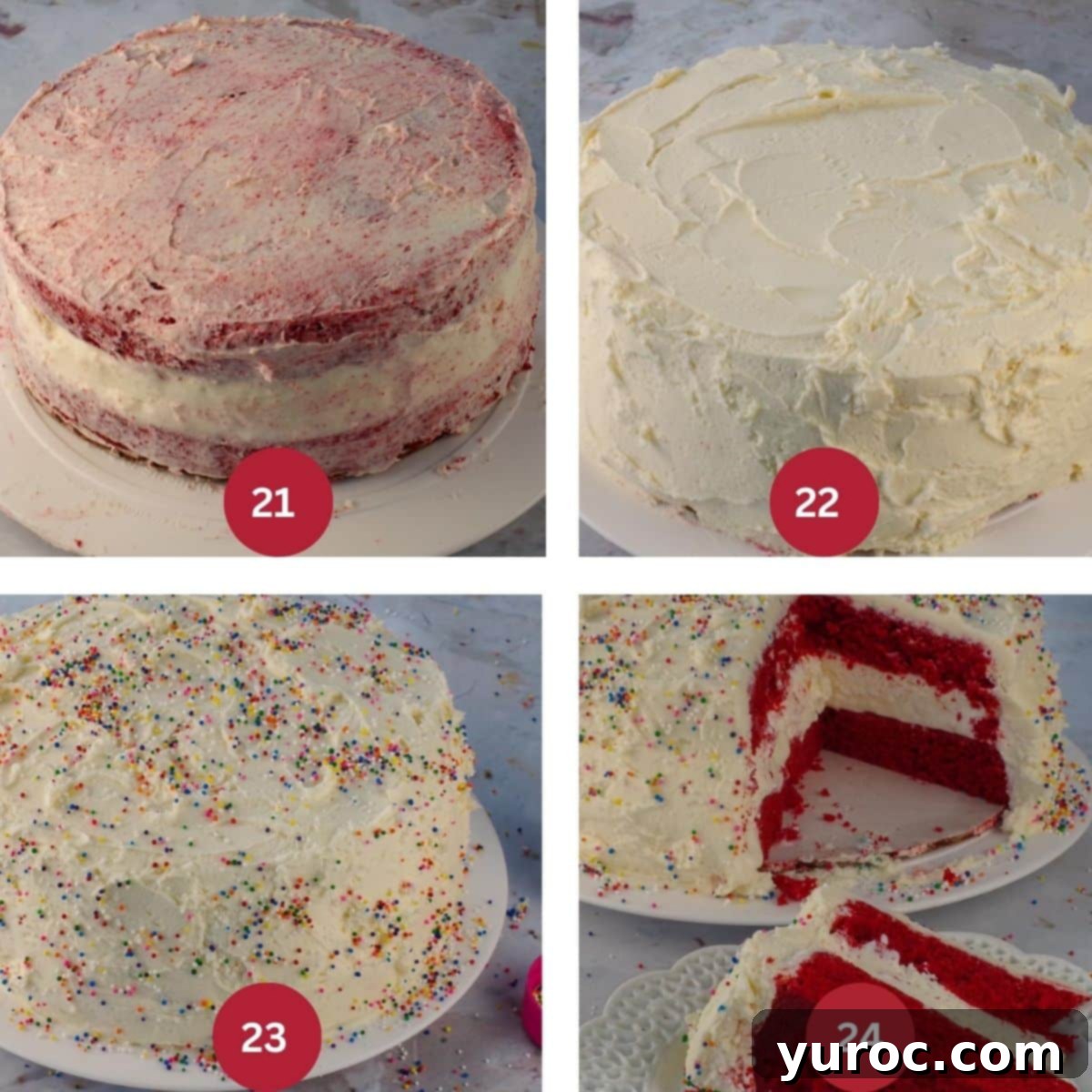 Decadent Red Velvet Ice Cream Cake 12 Collage of 4 photos showing the decoration of a red velvet ice cream cake with sprinkles