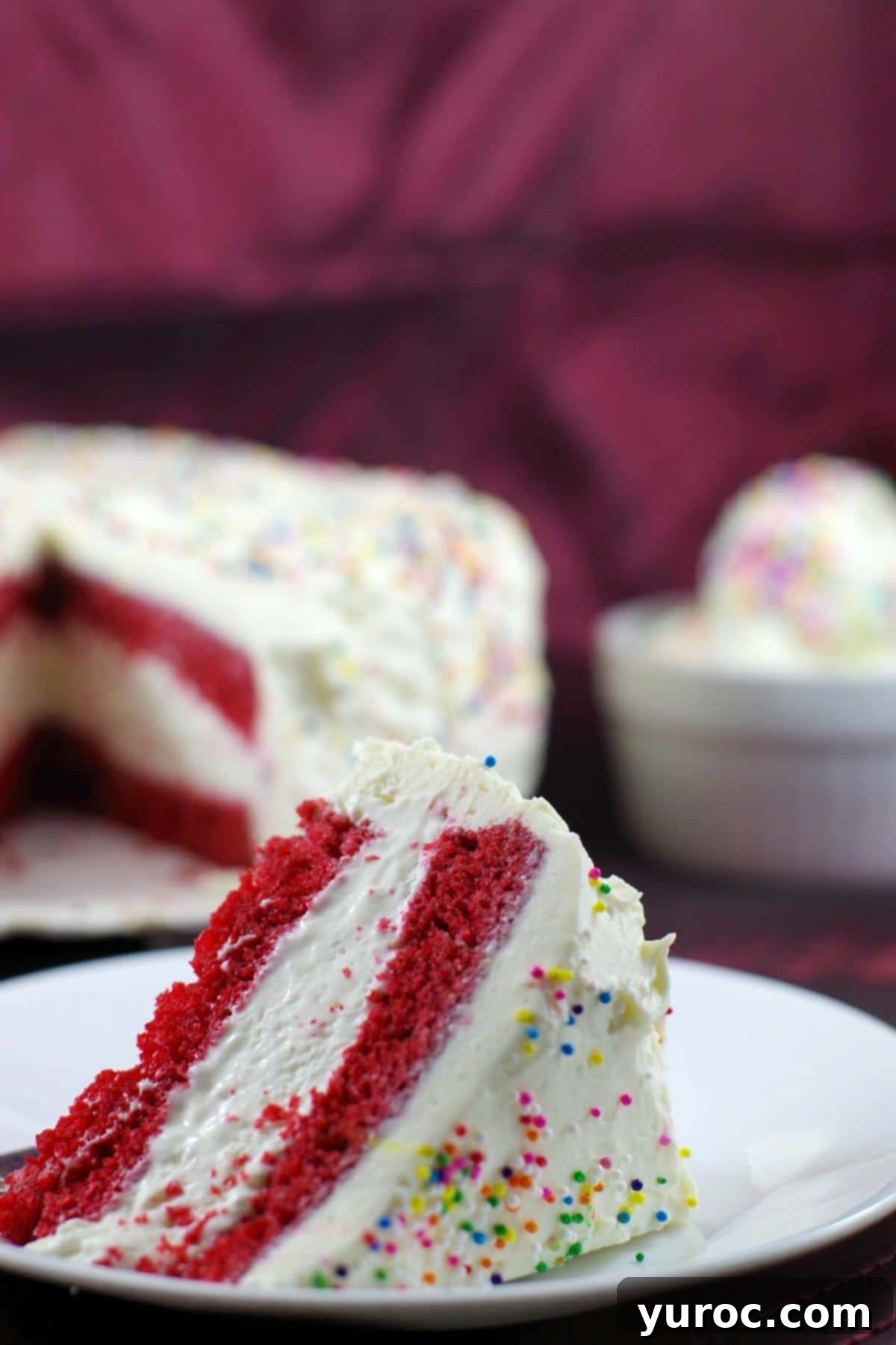 Decadent Red Velvet Ice Cream Cake 14 A full Red Velvet Ice Cream Cake in the background, a slice on a plate, and a bowl of no-churn ice cream in the foreground