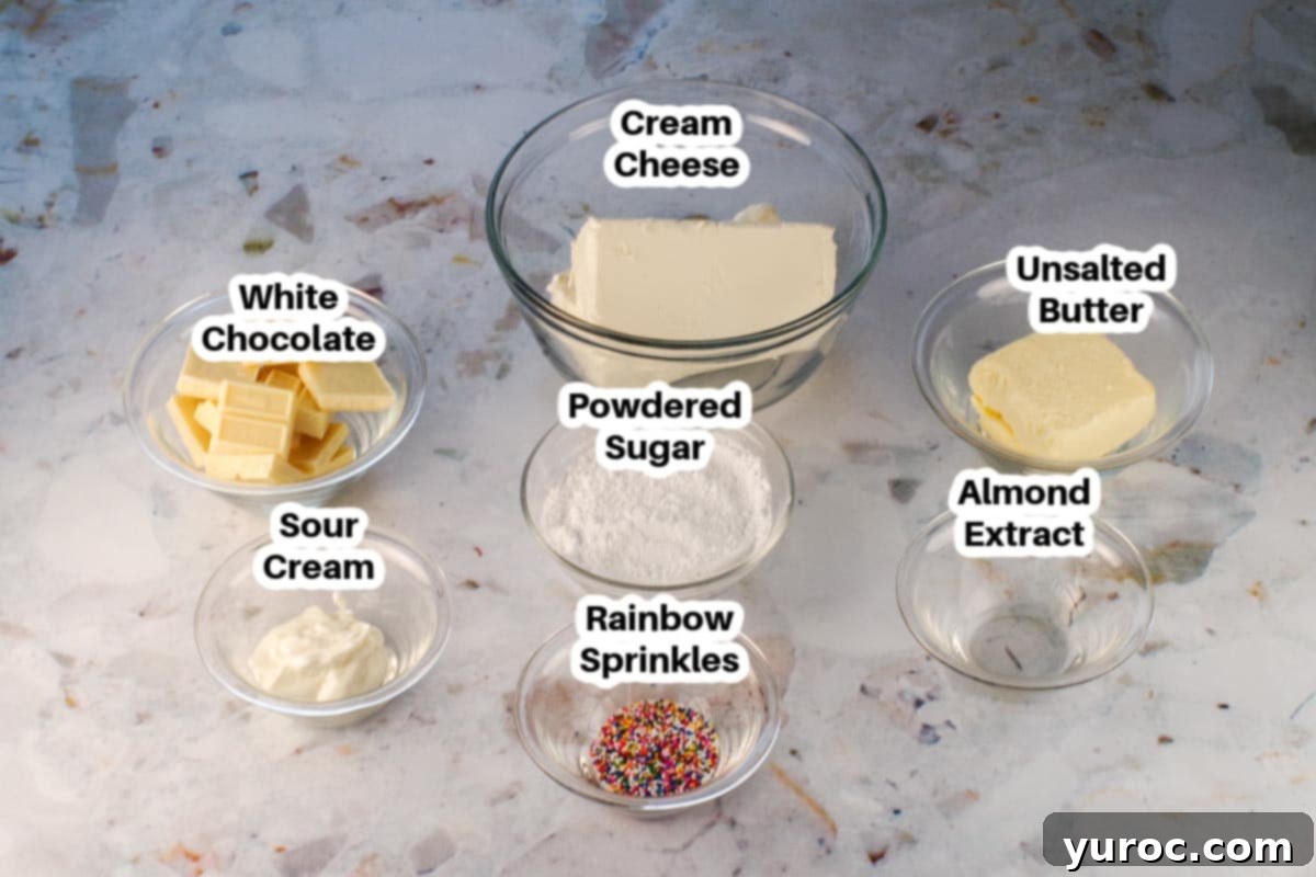 Decadent Red Velvet Ice Cream Cake 6 Ingredients for white chocolate cream cheese frosting, including white chocolate, cream cheese, butter, sour cream, and powdered sugar