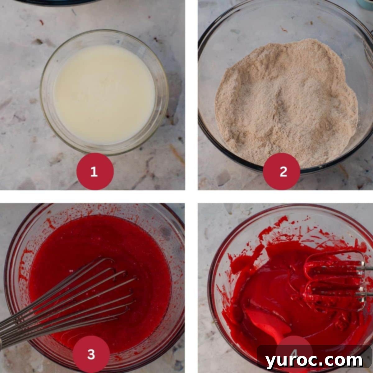 Decadent Red Velvet Ice Cream Cake 7 Collage of 4 photos showing the stages of making red velvet cake batter