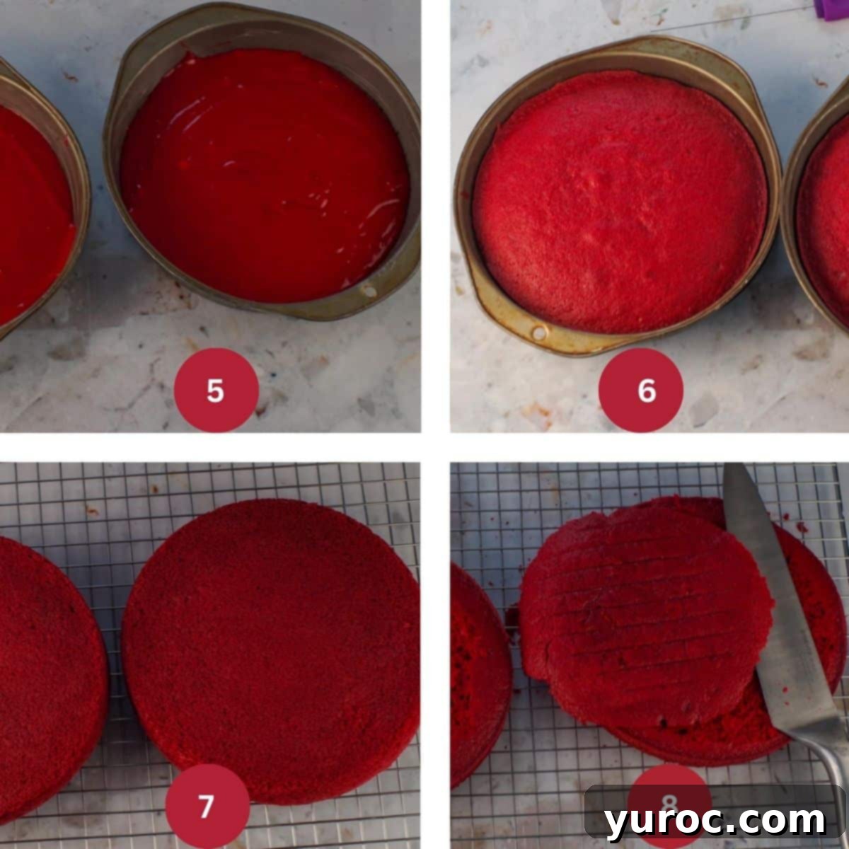 Decadent Red Velvet Ice Cream Cake 8 4 photo collage showing red velvet cake being baked and leveled