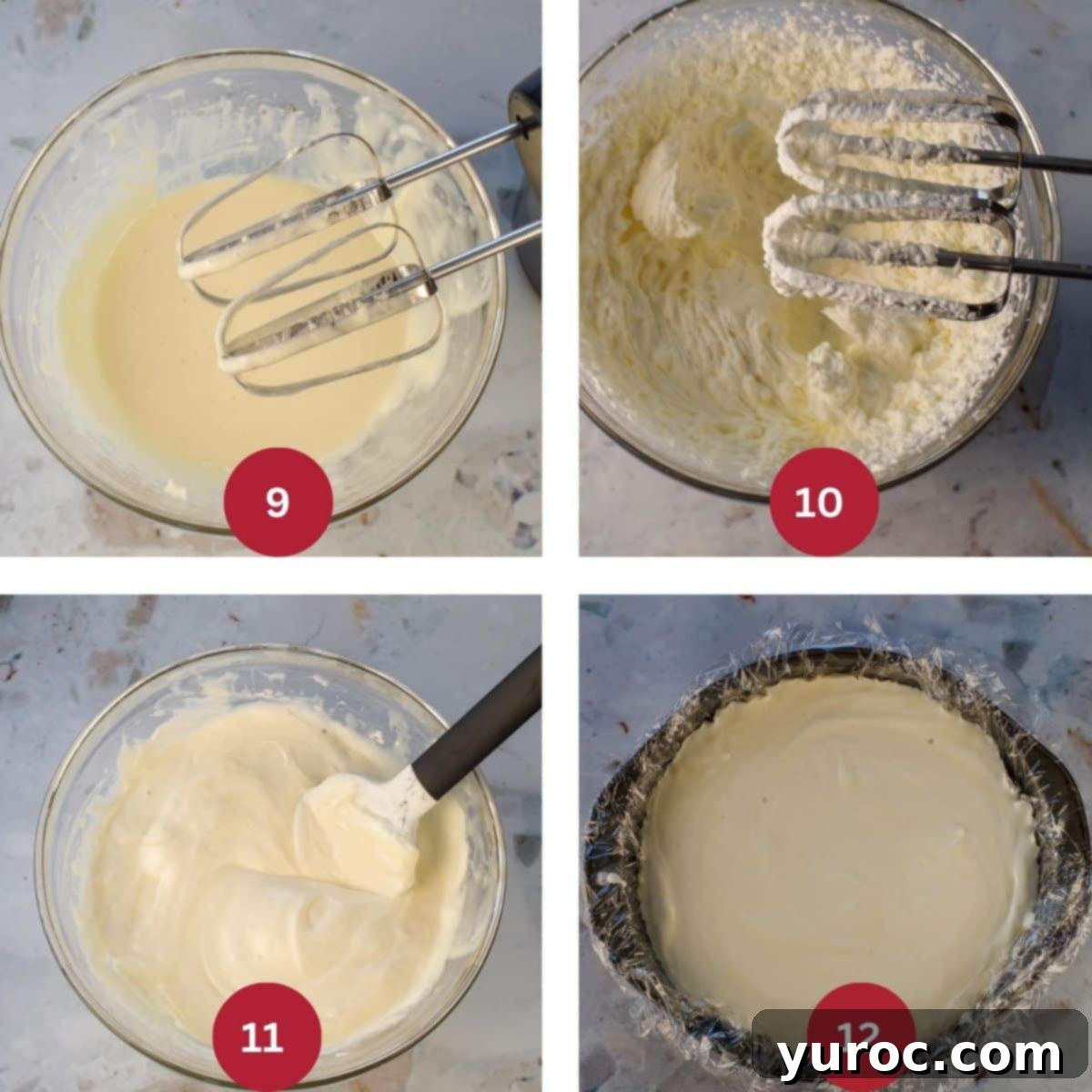 Decadent Red Velvet Ice Cream Cake 9 Collage of 4 photos illustrating the process of making no-churn ice cream filling for red velvet ice cream cake