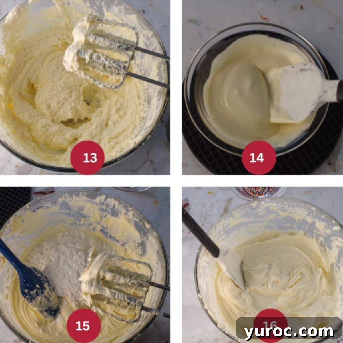 Decadent Red Velvet Ice Cream Cake 10 Collage of 4 photos showing the preparation of white chocolate cream cheese frosting