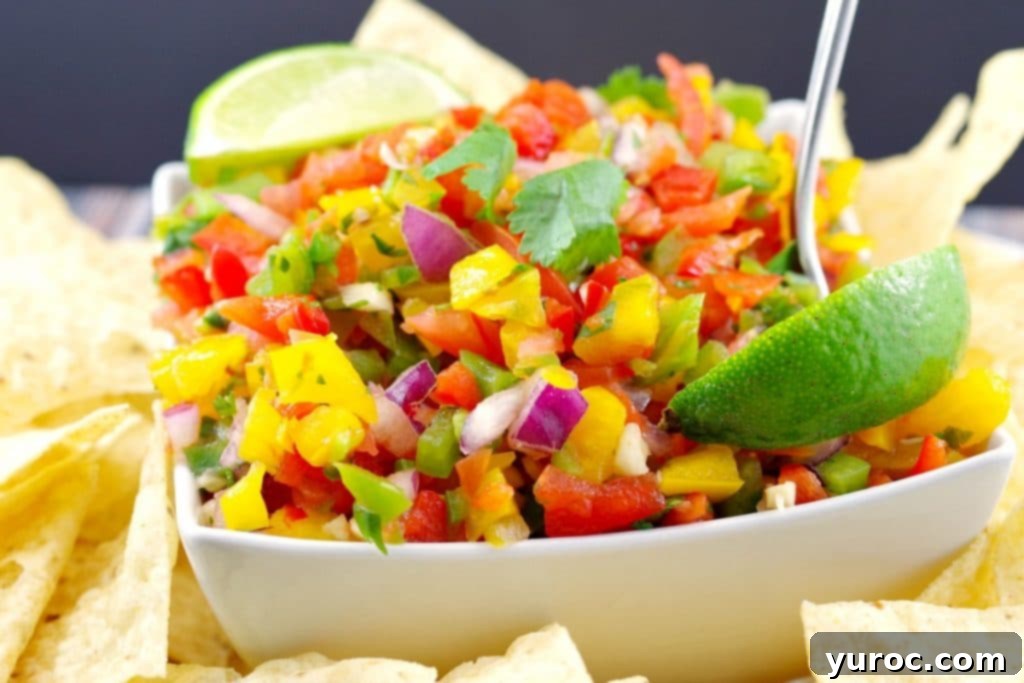 Pico de Gallo Salsa. garnished with 2 lime wedges, in a white bowl surrounded by nacho chips