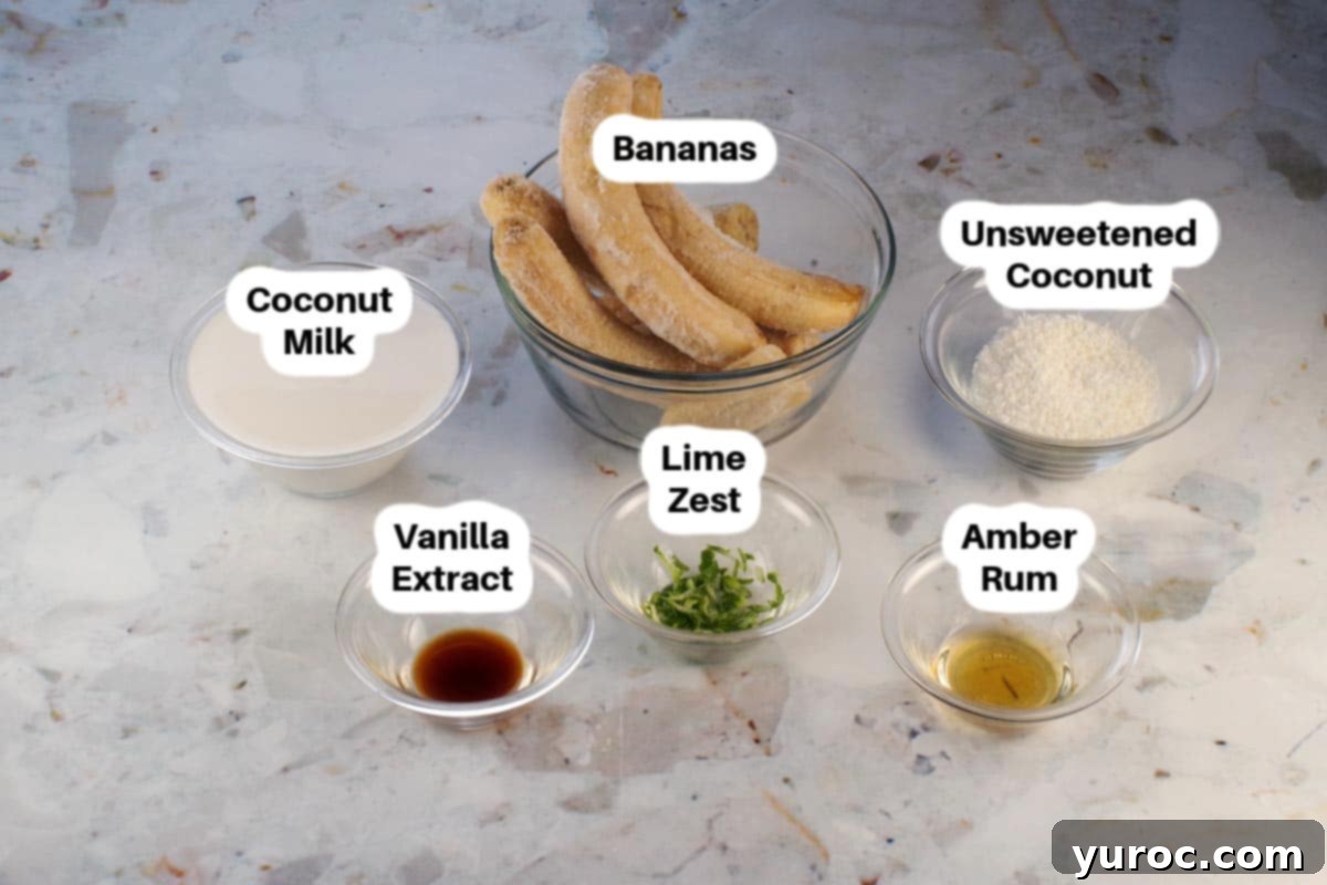 Ingredients for Banana Coconut Nice Cream including bananas, coconut milk, rum, vanilla, coconut, and lime zest arranged in glass bowls.