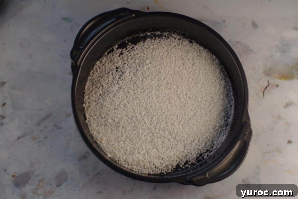 Unsweetened coconut evenly spread in a round baking pan, ready for toasting.