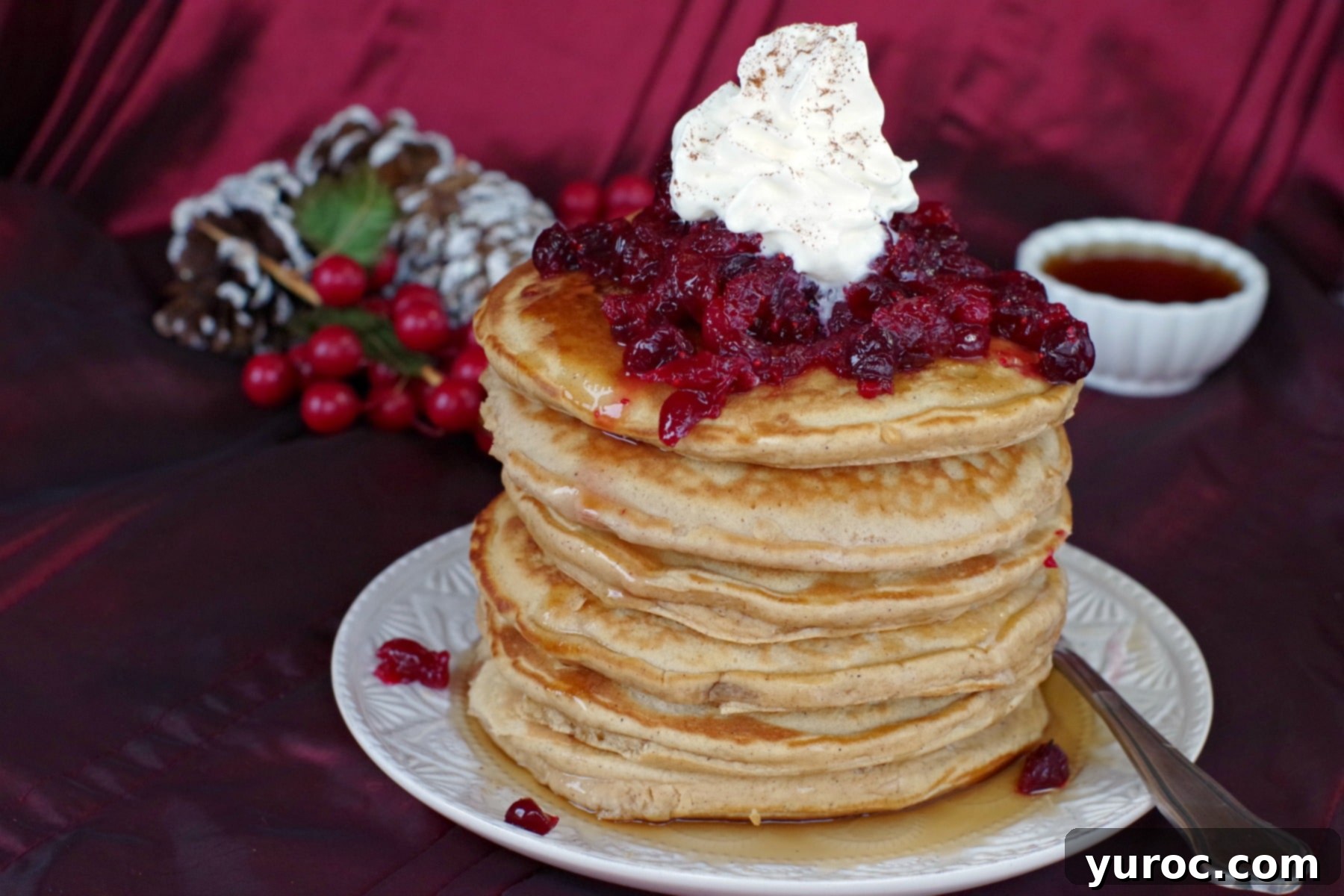 Holiday Spiced Gingerbread Pancakes with Sweet-Tart Cranberry Compote 2 A beautiful stack of fluffy gingerbread pancakes topped with a generous dollop of cranberry compote and fresh whipped cream, ready for a festive holiday breakfast.