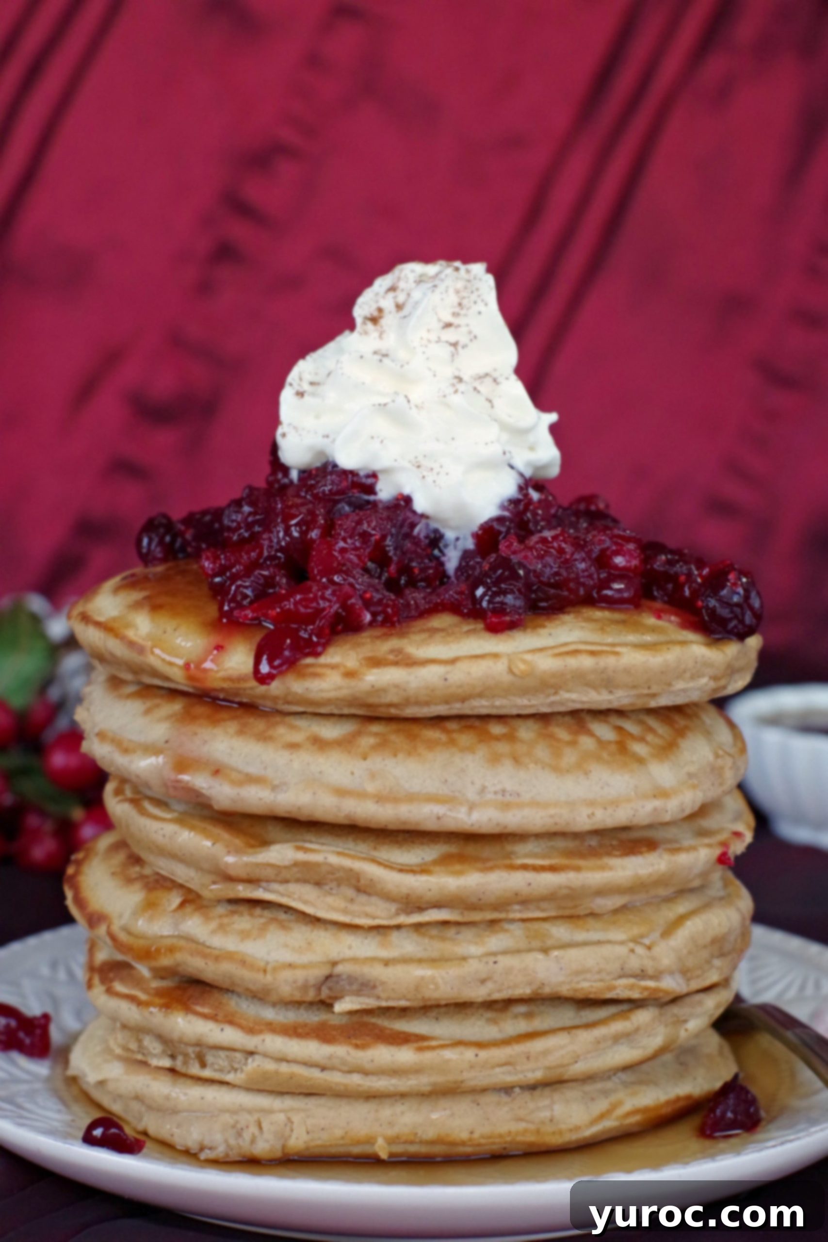 Holiday Spiced Gingerbread Pancakes with Sweet-Tart Cranberry Compote 15 A lavish stack of gingerbread pancakes, generously topped with ruby-red cranberry compote and a cloud of whipped cream, on a festive white plate.