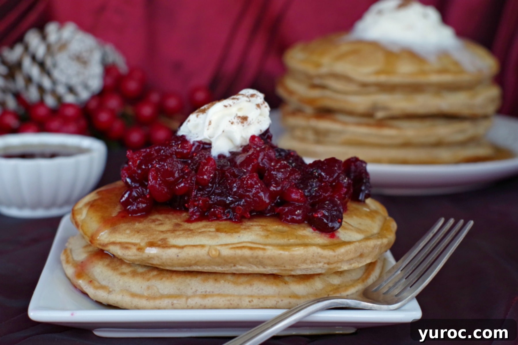 Holiday Spiced Gingerbread Pancakes with Sweet-Tart Cranberry Compote 3 Two individual gingerbread pancakes topped with cranberry compote in the foreground, with a larger stack of pancakes in the soft focus background.