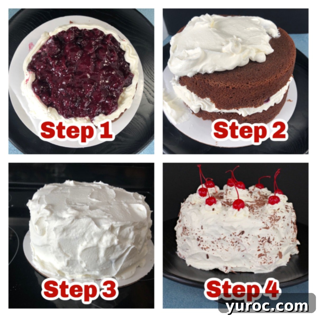 Quick and Easy Black Forest Cake 4 A collage of four photos demonstrating the easy assembly instructions for making a Black Forest cake, from layering to decorating.