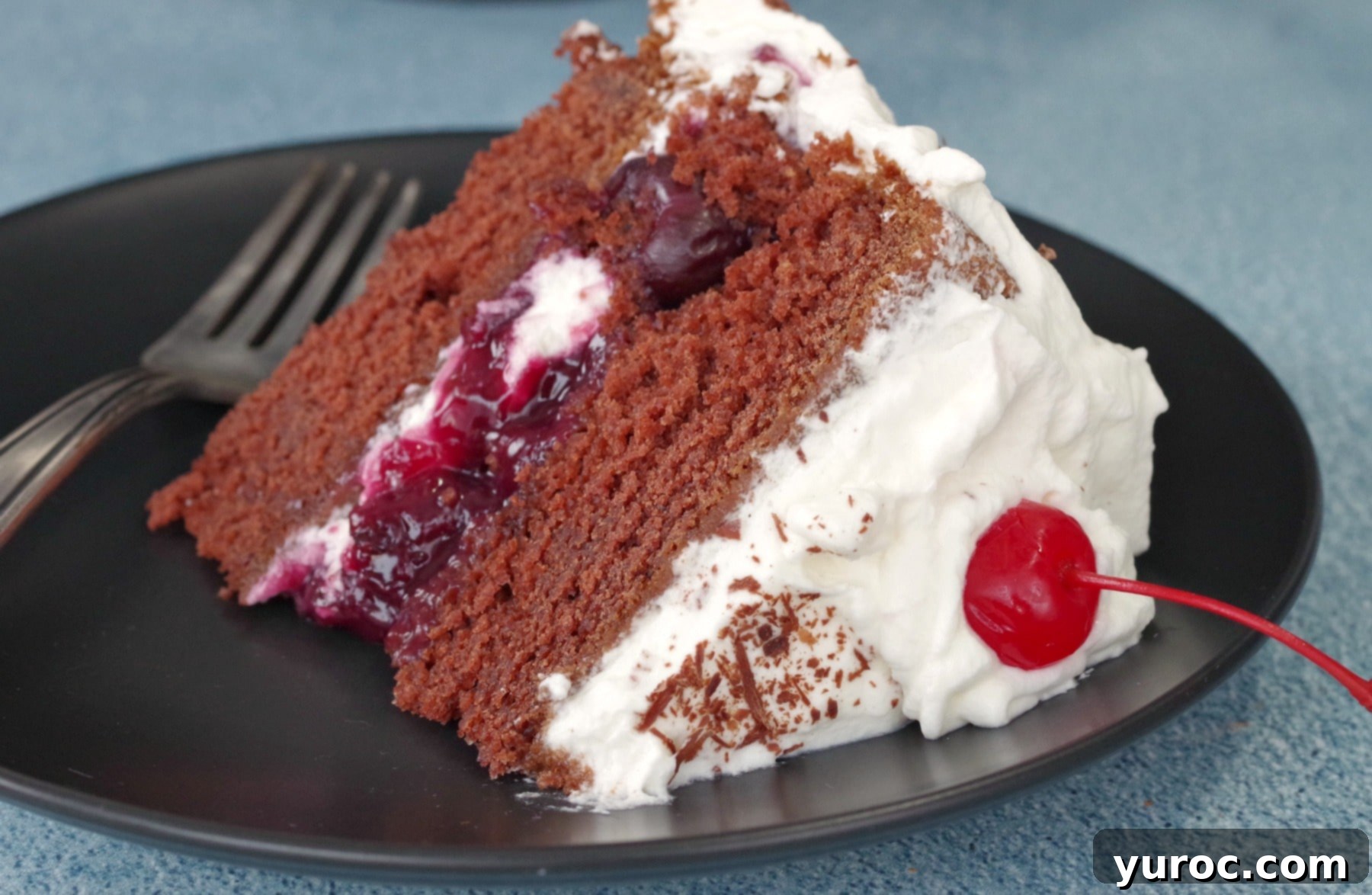 Quick and Easy Black Forest Cake 6 A perfectly portioned piece of Black Forest cake on a black plate, ready to be enjoyed.