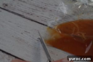 ziplock bag with caramel sundae sauce, with the corner being cut with scissors