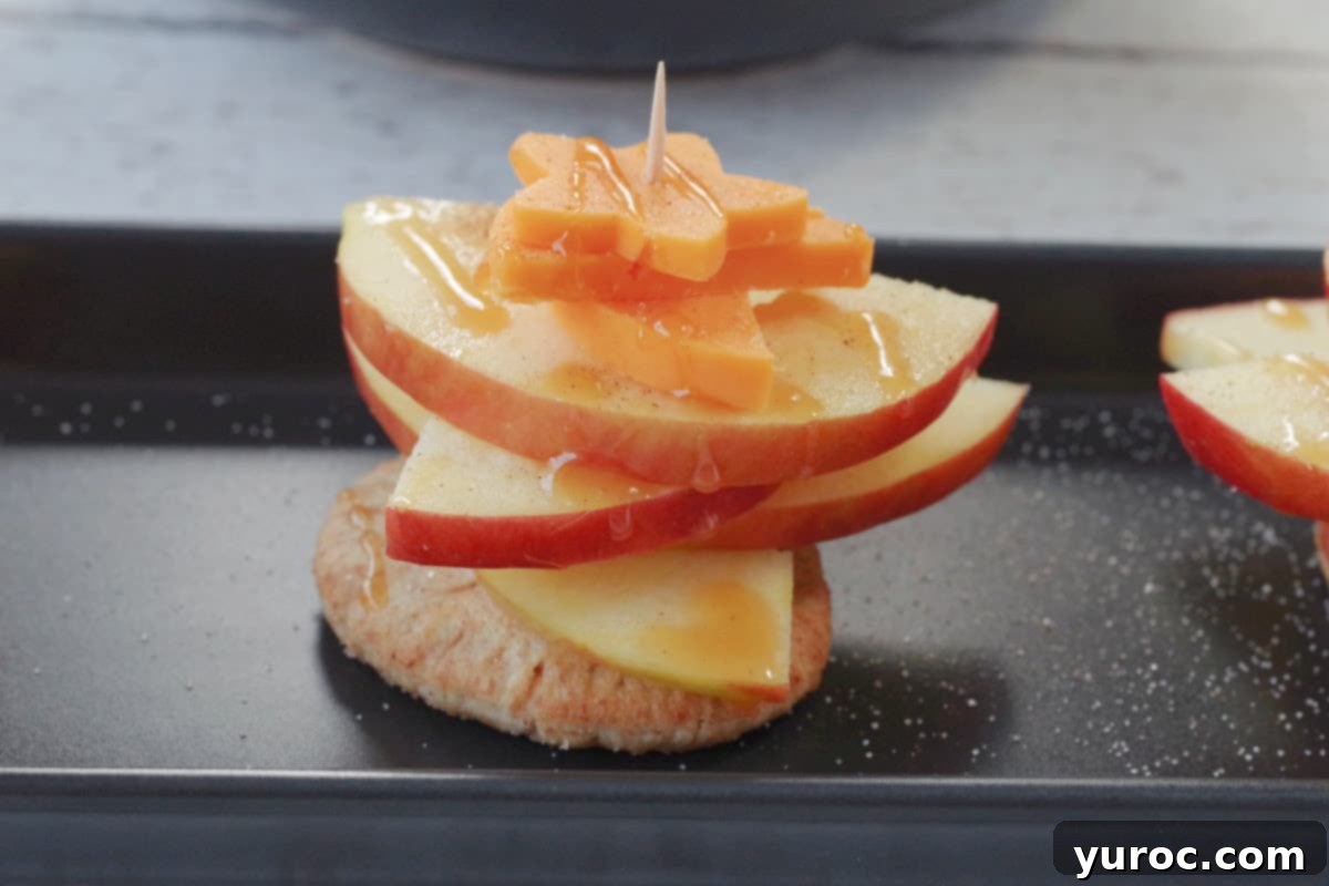 close up of healthy apple snack on a black tray