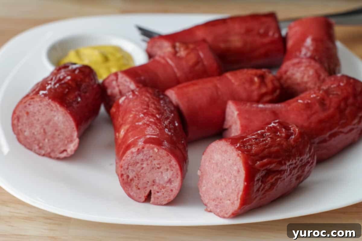 several pieces of kielbasa on a white plate with a small white dish of mustard