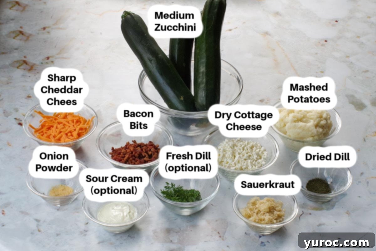 Ingredients in Pierogi Stuffed Zucchini in glass bowls, labelled.