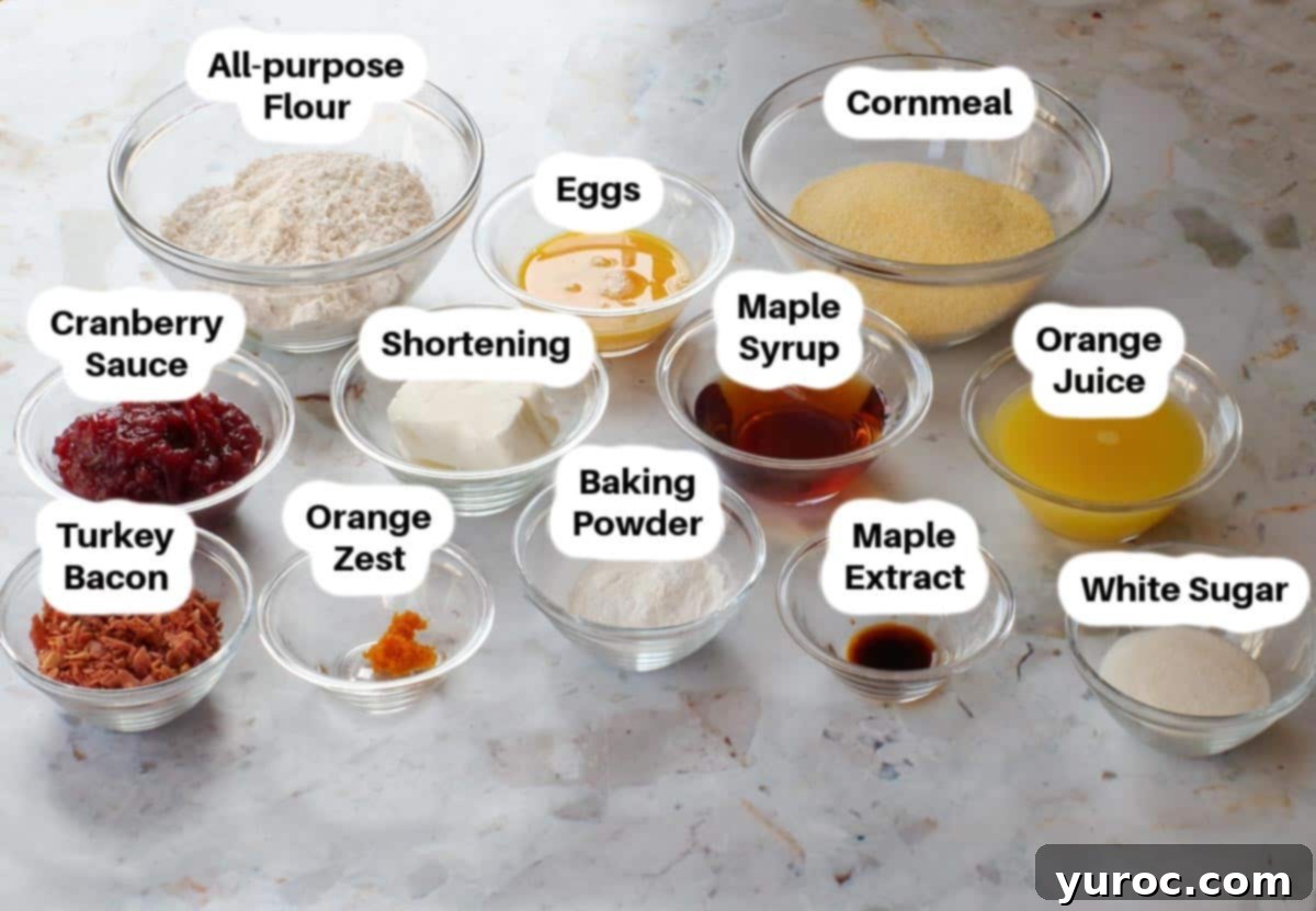 Ingredients in Cranberry Cornbread Muffins in glass bowls, labelled.