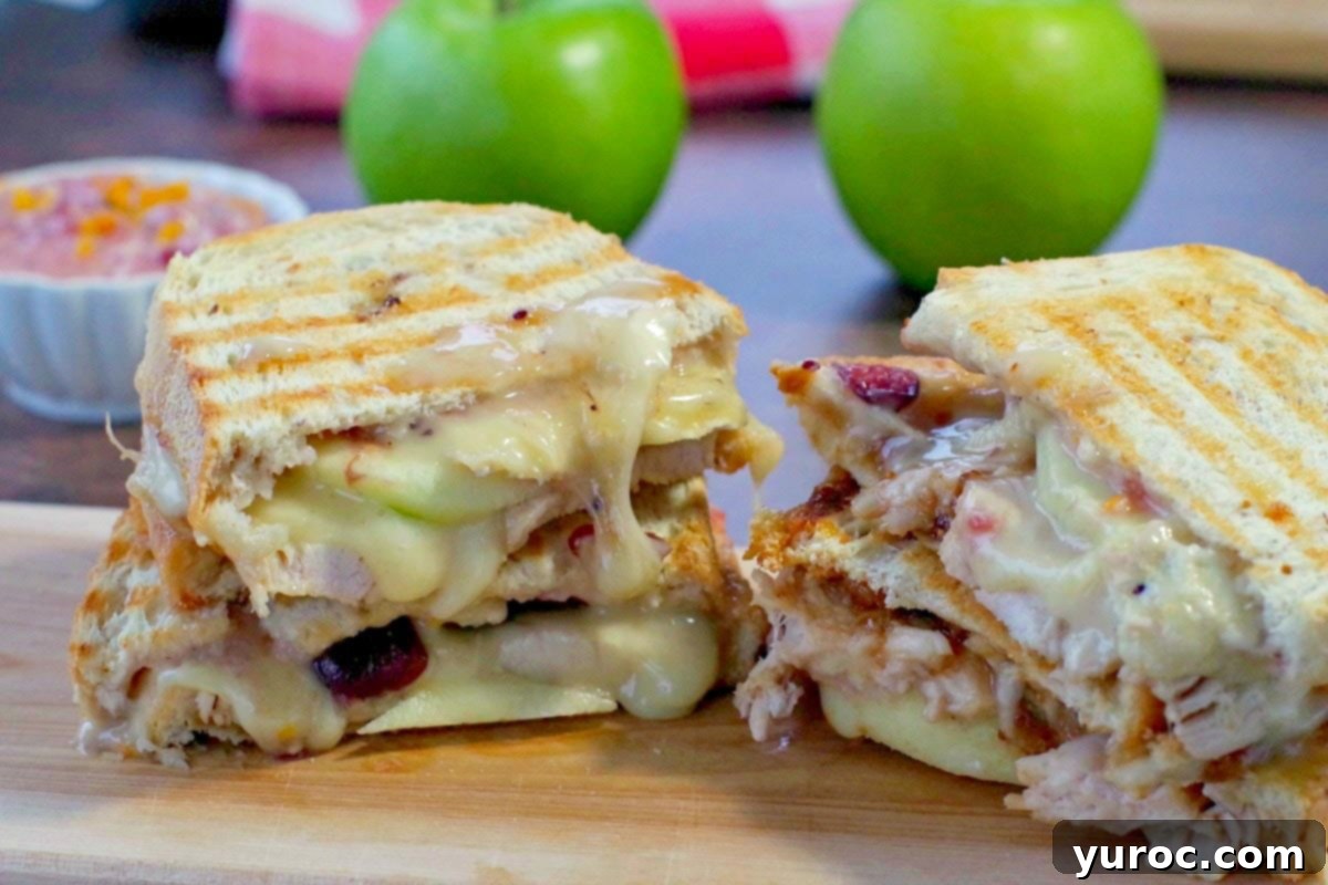 Elevated Turkey Brie Panini 2 Turkey Panini with cranberry and brie on a cutting board with green apples and cranberry aioli in the background