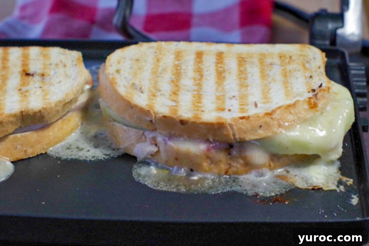 Elevated Turkey Brie Panini 3 Turkey Brie Cranberry Sandwich cooking on a Panini press