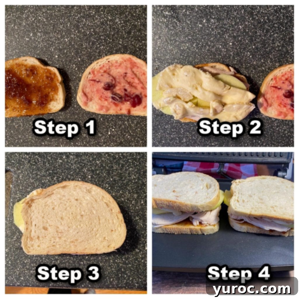 Elevated Turkey Brie Panini 4 collage of 4 photos showing how to make a turkey panini