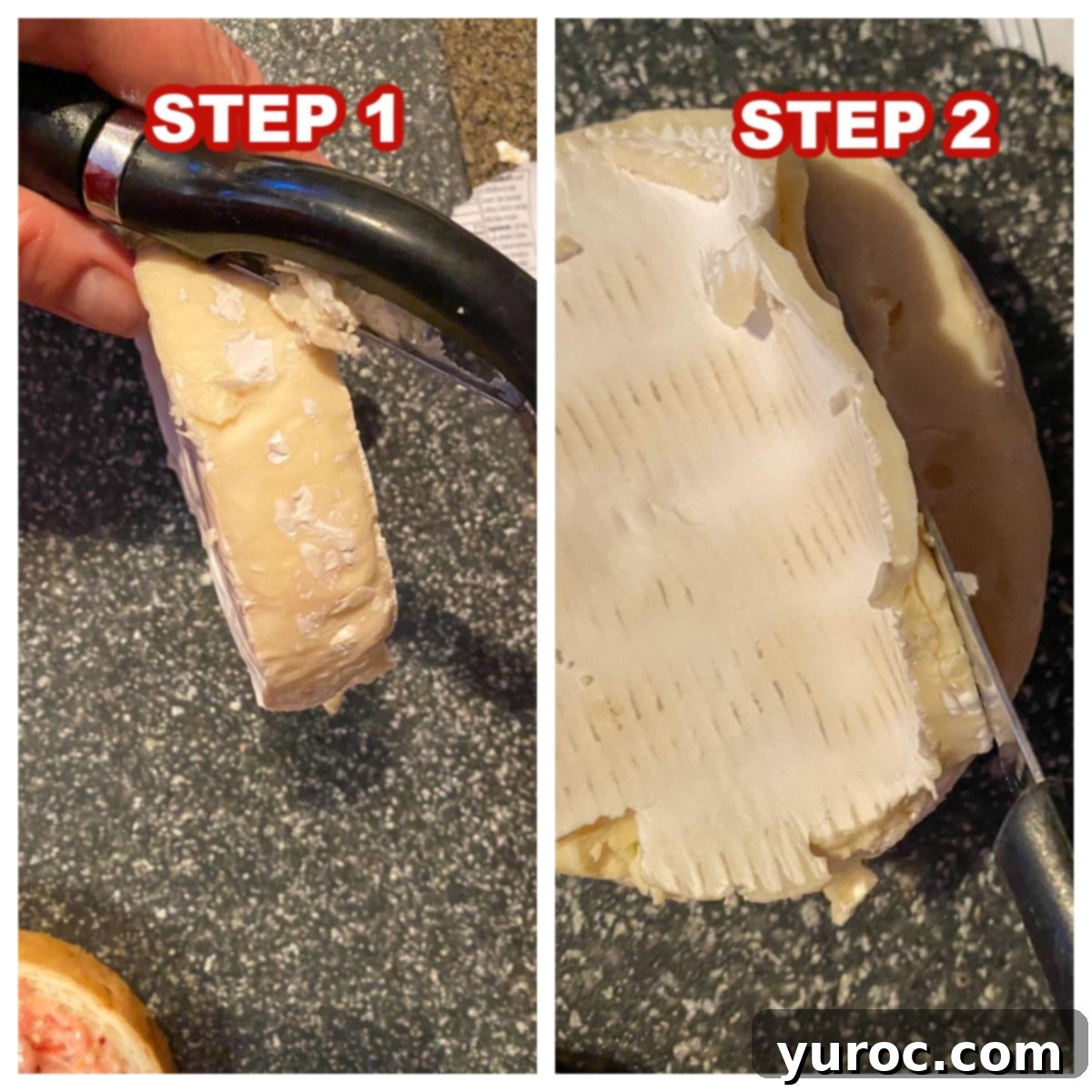 Elevated Turkey Brie Panini 5 2 photo collage showing how to remove rind from Brie cheese