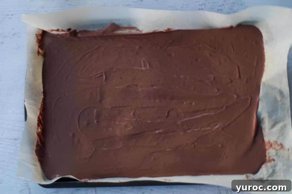 The smooth, spread-out layer of chocolate yogurt on the baking sheet, after being tapped to remove any air bubbles, showing a consistent and even surface.
