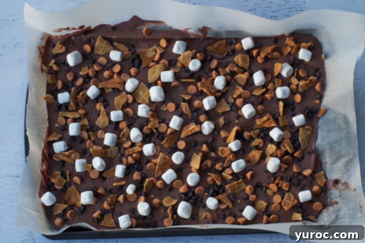 A vibrant mix of Rocky Road toppings, including fluffy marshmallows, shiny chocolate chips, golden butterscotch chips, and crunchy waffle cone pieces, generously scattered over the smooth chocolate yogurt base.