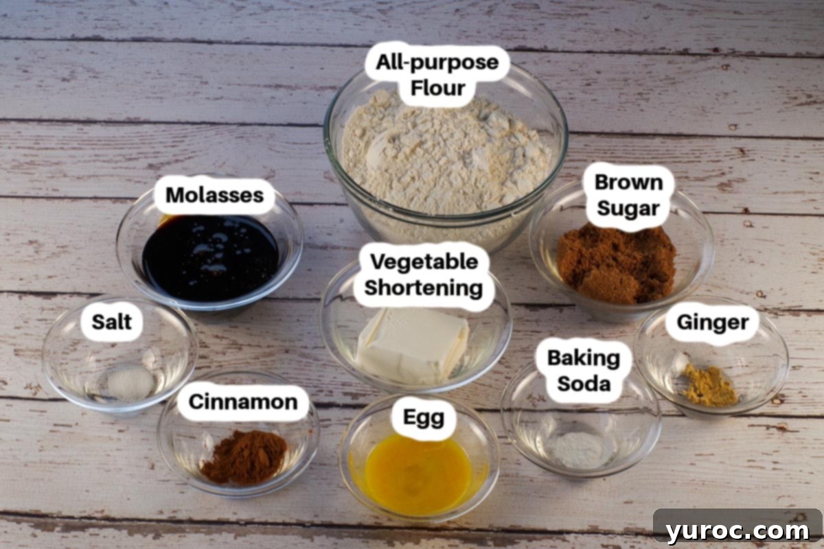 Ingredients in No Chill Gingerbread Cookies in glass bowls, labelled.