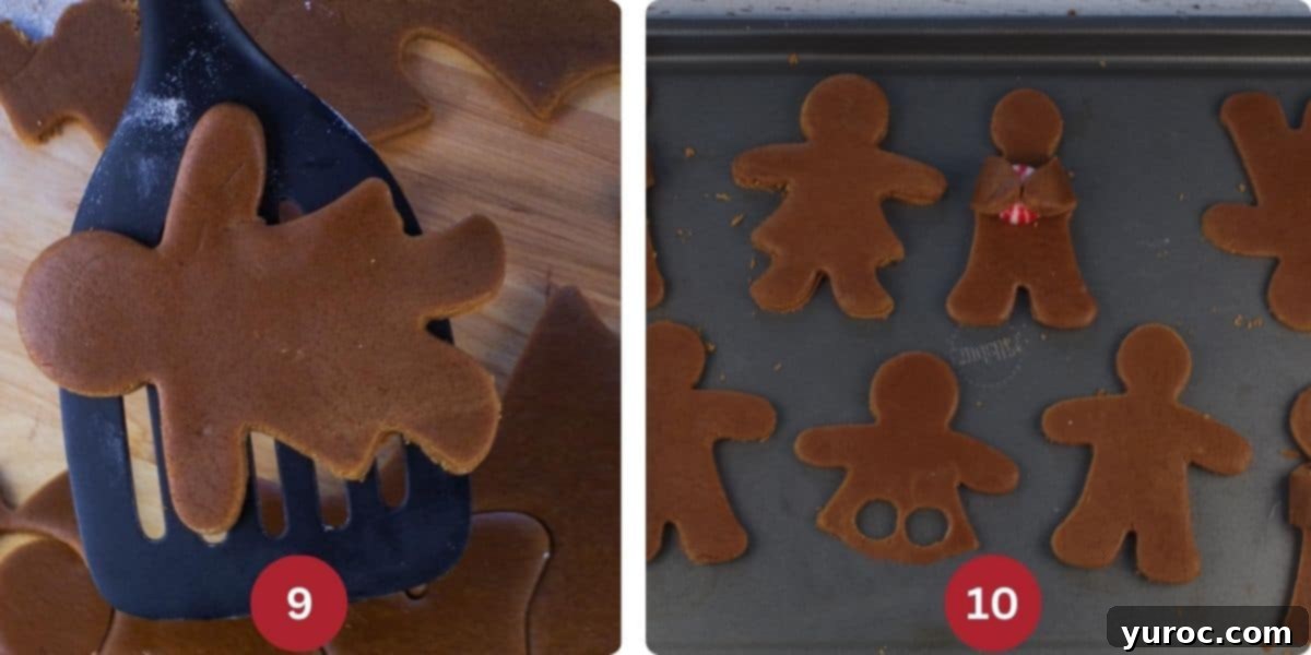 2 photo collage of gingerbread men cutouts being ready to be baked.