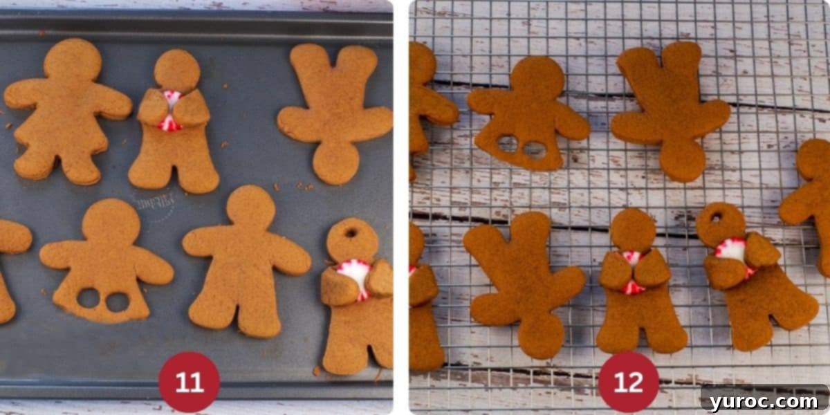 Collage of 2 photos of gingerbread cookies baked on baking sheet and cooled on wire rack.