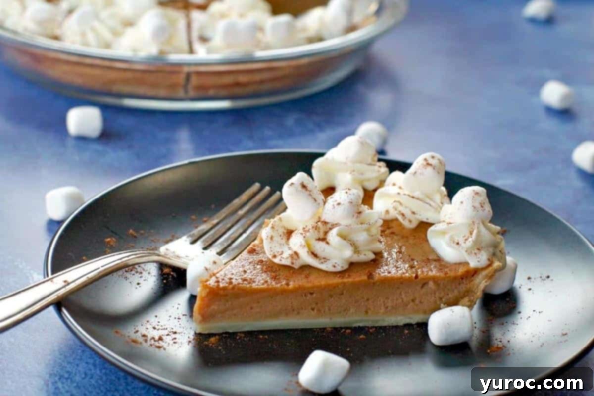 Toasted Marshmallow Sweet Potato Delight 2 Piece of Sweet Potato Pie with Marshmallow Whipped Cream on Black plate on blue background with whole pie in glass pie plate in the background