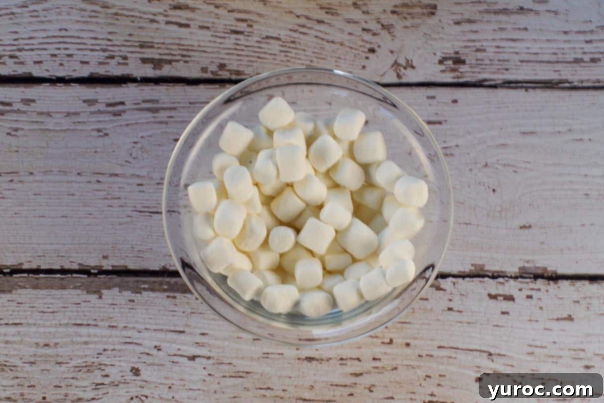 Toasted Marshmallow Sweet Potato Delight 9 mini marshmallows in a glass bowl with little water.