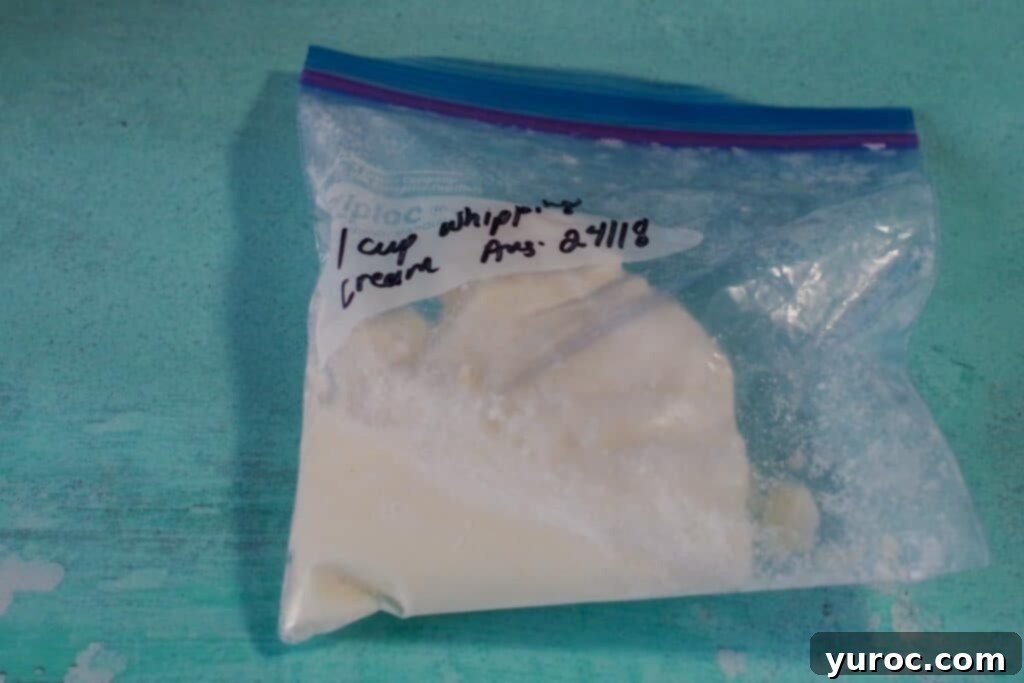 frozen whipping cream in a labelled ziplock bag