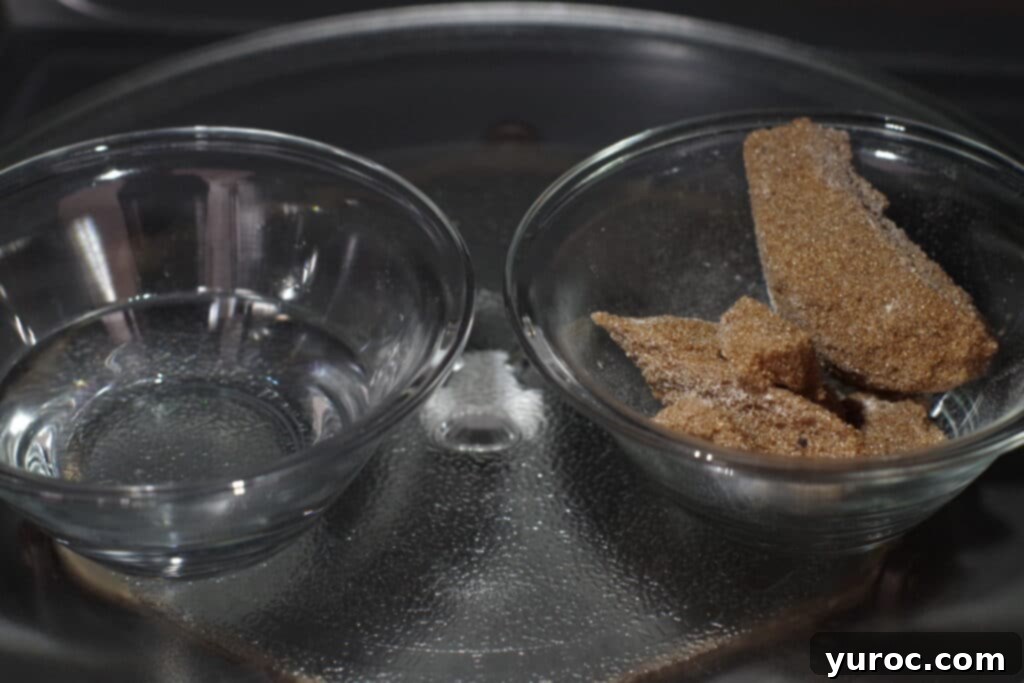 brown sugar in one glass bowl and water in another, in the microwave