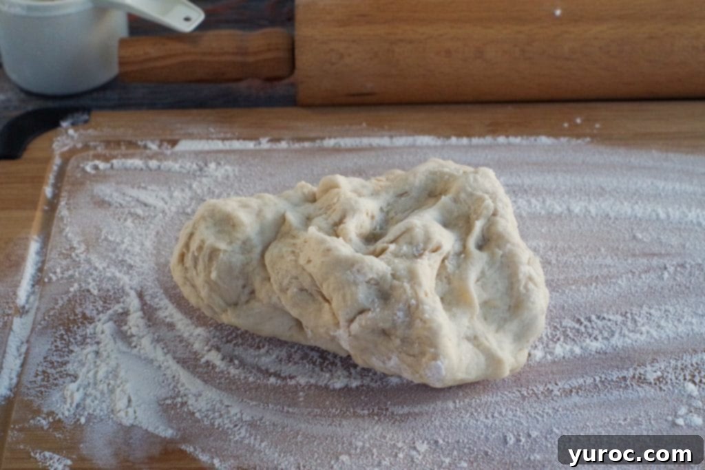 dough on lightly floured surface with rolling pin in background