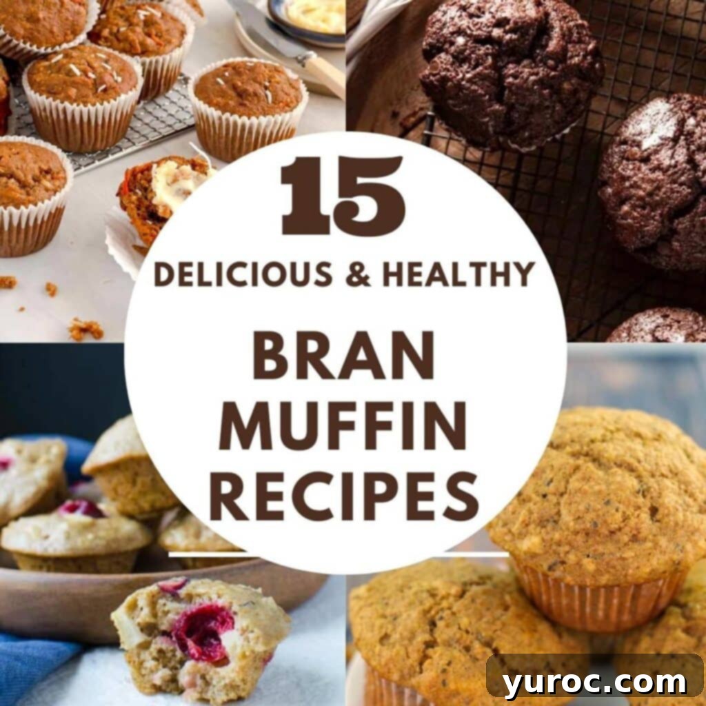 15 Deliciously Healthy Bran Muffin Recipes 1 A vibrant collage showcasing four distinct healthy bran muffins: a classic wheat bran muffin with walnuts, a rich chocolate avocado banana bran muffin, a festive apricot pumpkin bran muffin, and a bright blueberry bran muffin. The central text highlights 'Healthy Bran Muffin Recipes'.