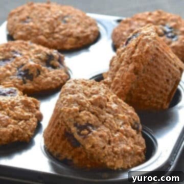 15 Deliciously Healthy Bran Muffin Recipes 6 A freshly baked batch of vibrant vegan blueberry bran muffins, still warm and enticing, arranged neatly in a muffin tin, proudly showcasing their golden tops and bursting blueberries.