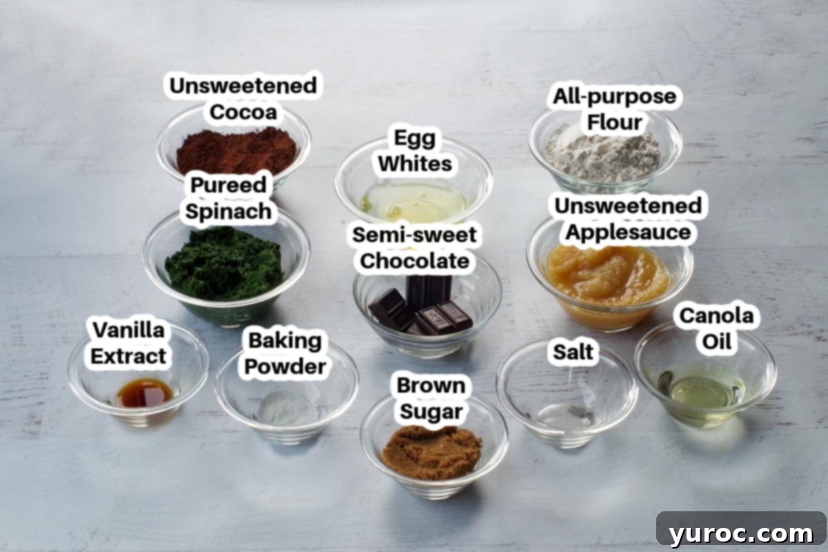 Sneaky Spinach Applesauce Brownies 3 ingredients in applesauce and spinach brownies in glass bowls, labelled