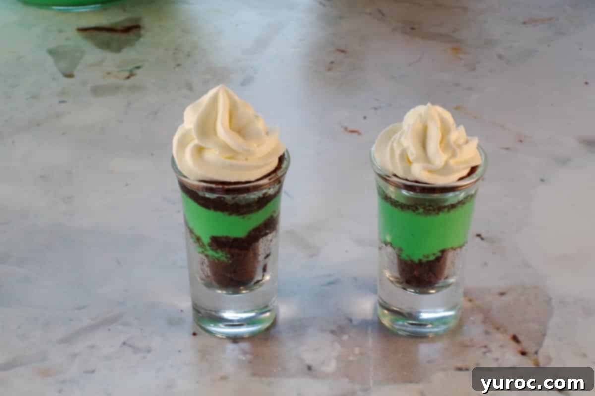 St. Patrick's Day Shamrock Irish Cream Shots 15 Whipped cream garnish piped on top of brownie pudding mixture in shot glasses.