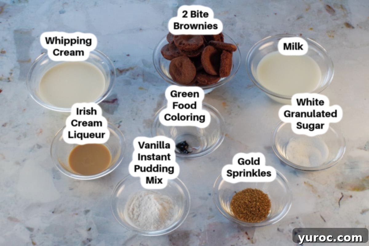 St. Patrick's Day Shamrock Irish Cream Shots 3 Ingredients in Irish Cream dessert shots in glass bowls, labelled.