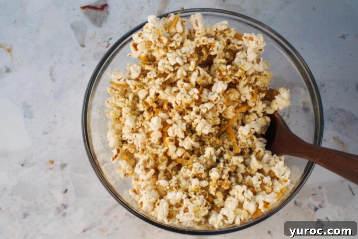 Popcorn in a large glass bowl with wooden spoon .