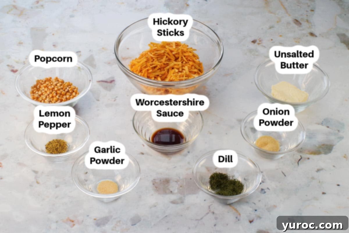 Ingredients in Harvest Popcorn in glass bowls, labelled.