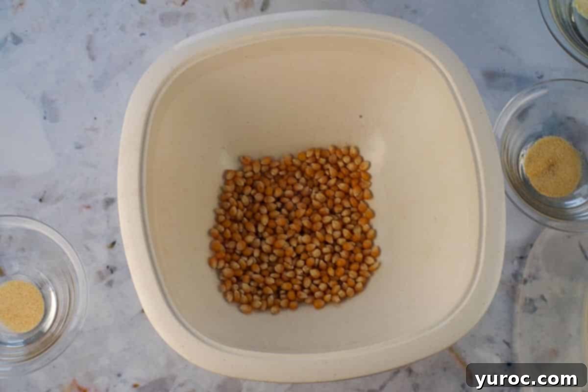 Popcorn kernels added to microwave popcorn popper.