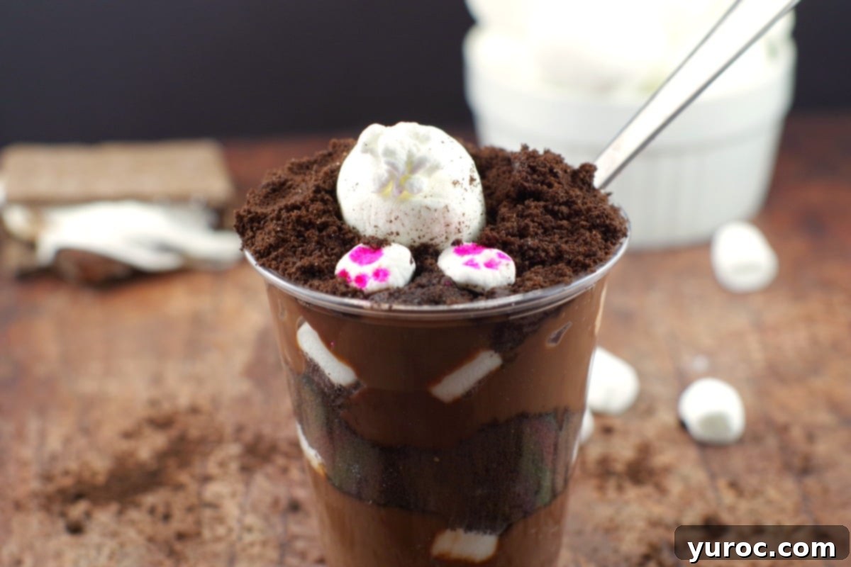 Adorable Easter Bunny Dirt Cups, an easy no-bake dessert resembling s'mores