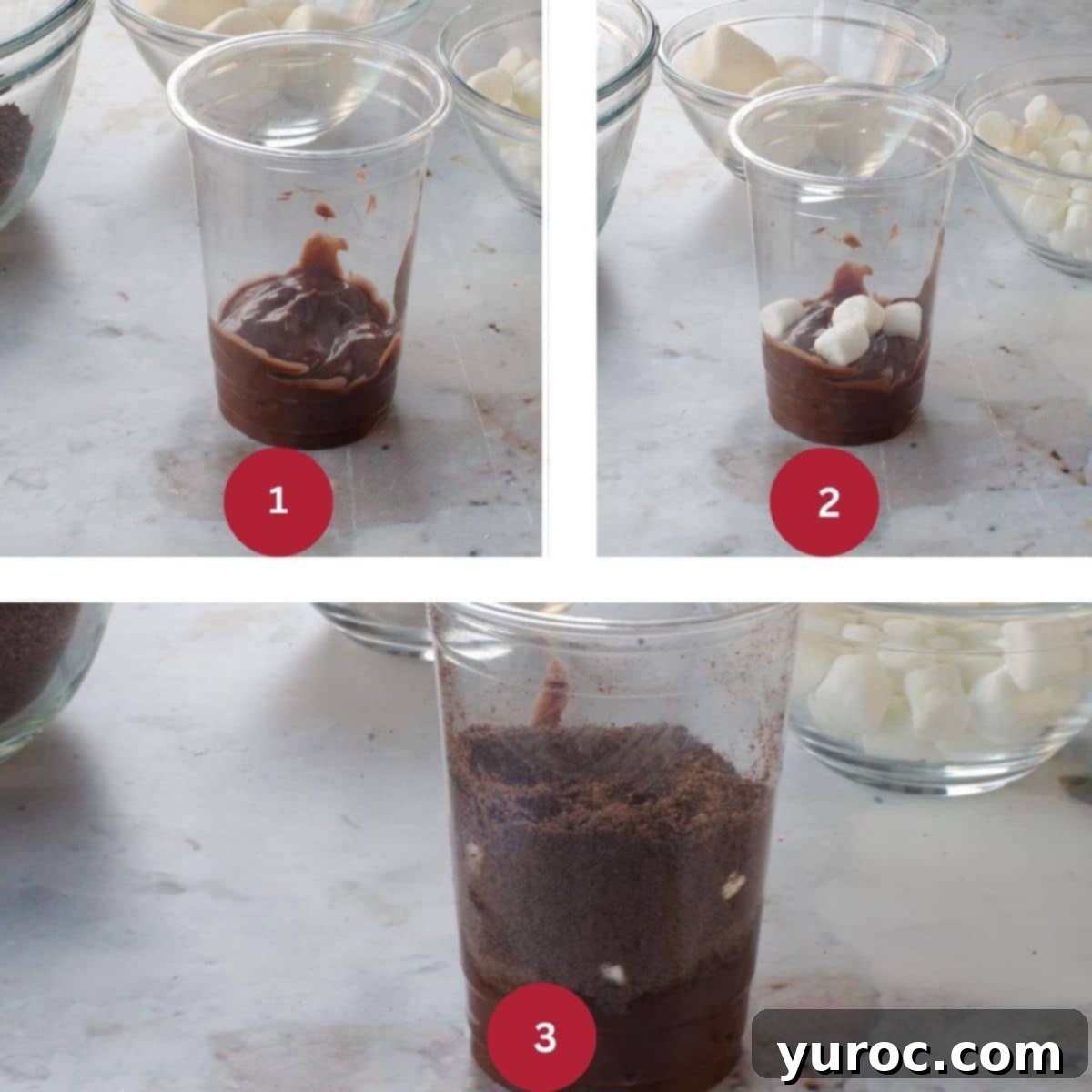 Collage of three photos showing the first layer of Easter Bunny Dirt Cups being assembled with pudding, marshmallows, and cookie crumbs.