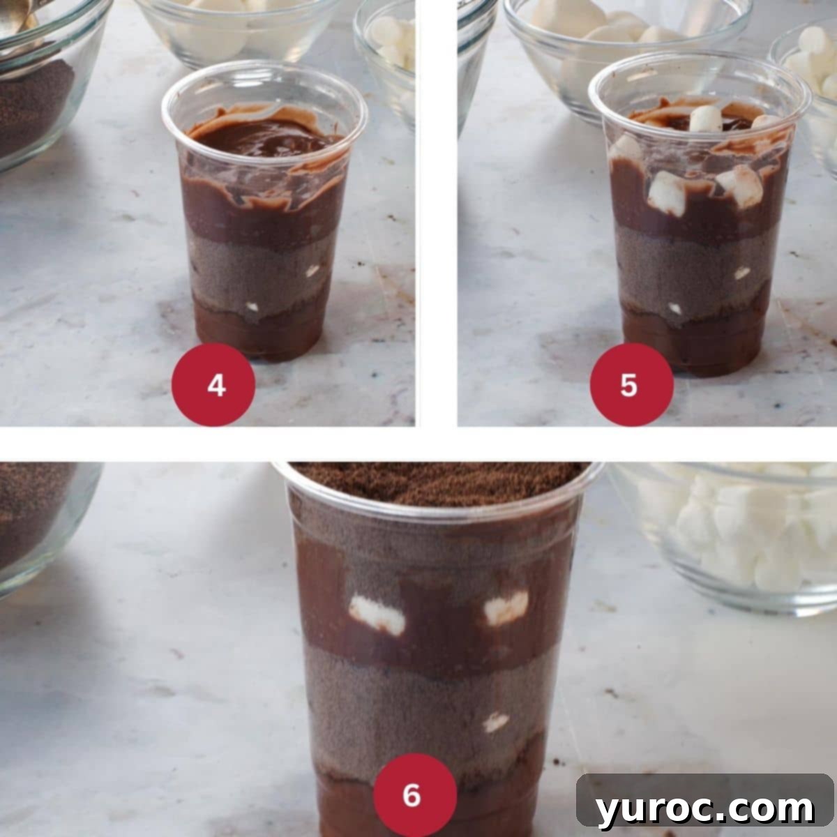 Collage of three photos illustrating the second layer of Easter Bunny Dirt Cups being assembled.