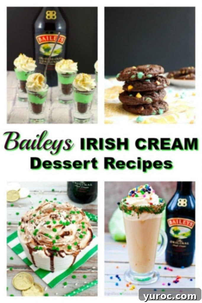 A delectable collage showcasing four of the best Baileys Irish cream recipes: Baileys cookies, layered dessert shots, a delightful Baileys drink, and a creamy Baileys dip, perfect for St. Patrick's Day festivities and celebrations.