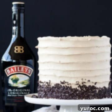 A stunning Baileys coffee layer cake proudly displayed beside a bottle of Baileys Irish Cream, highlighting its rich and indulgent nature, perfect for dessert lovers.